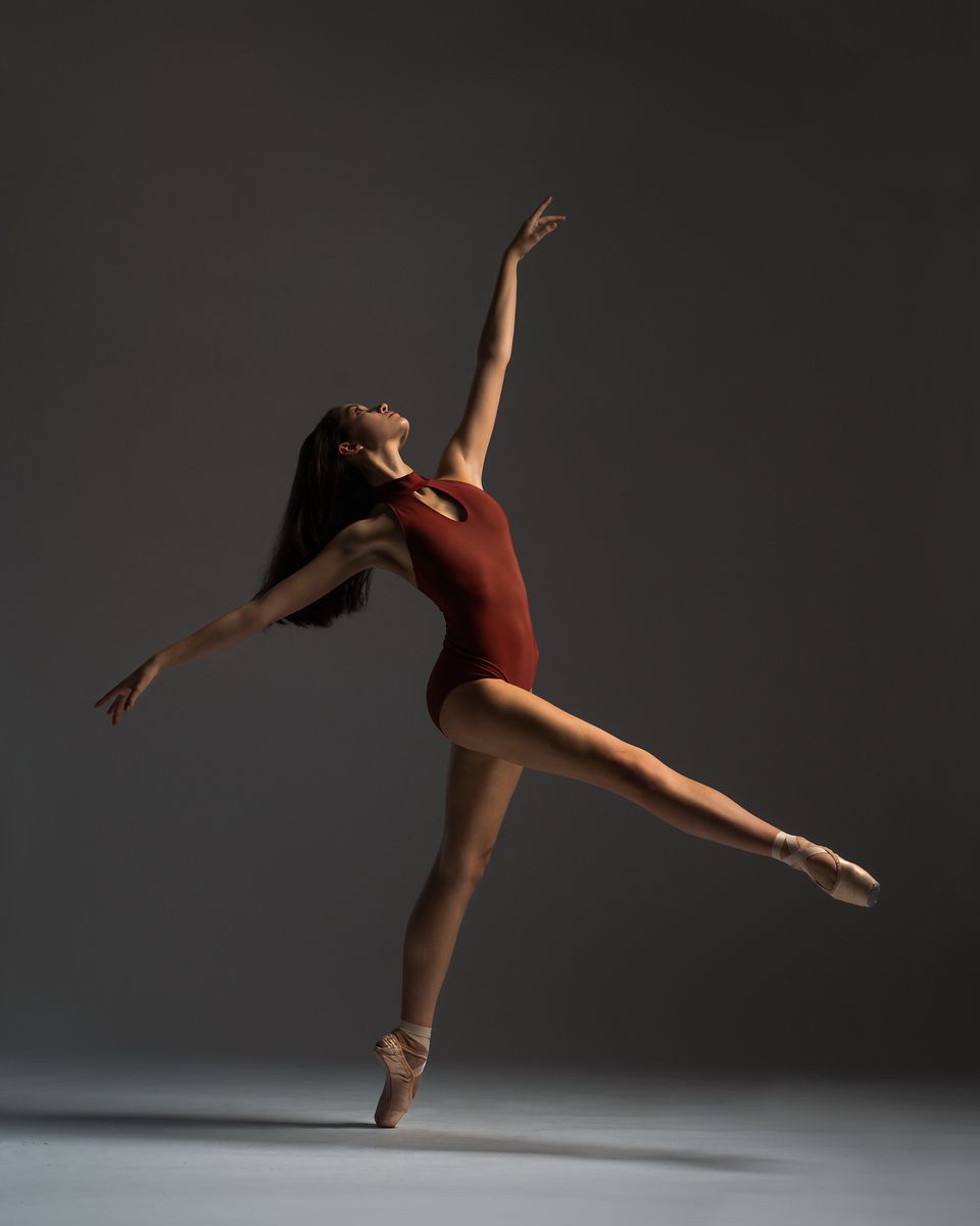 Ballet dancer in rust-colored leotard performing graceful arabesque pose on pointe.