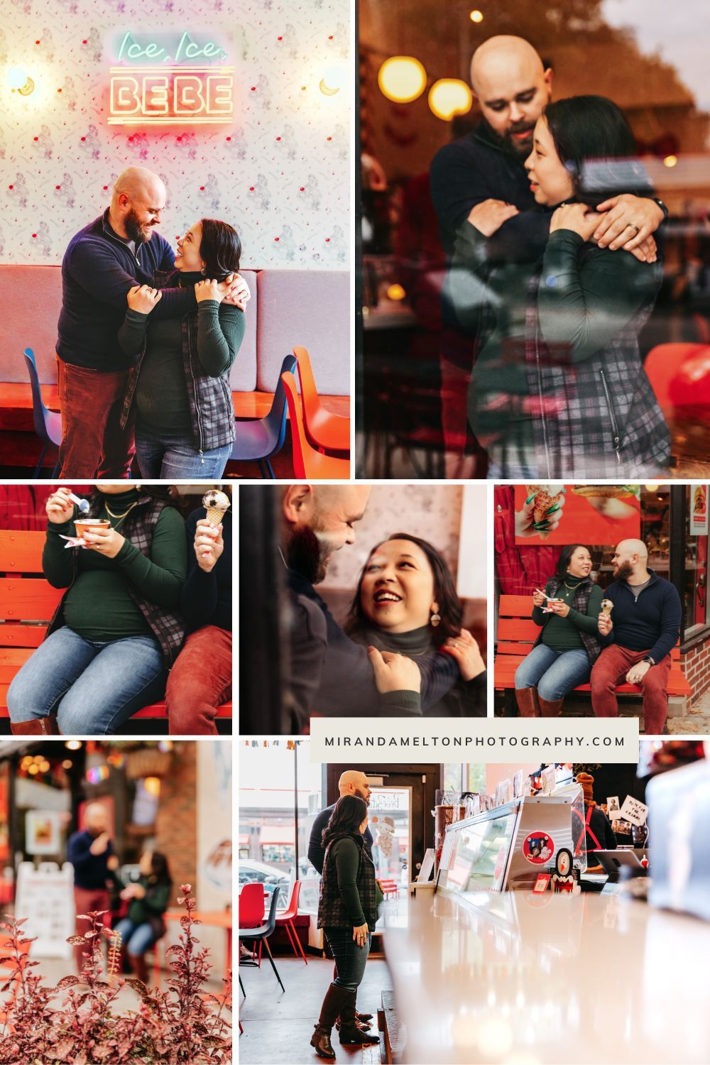 Collage of 7 images from a maternity session at an ice cream shop in Minneapolis highlights the best places to take family photos in MN