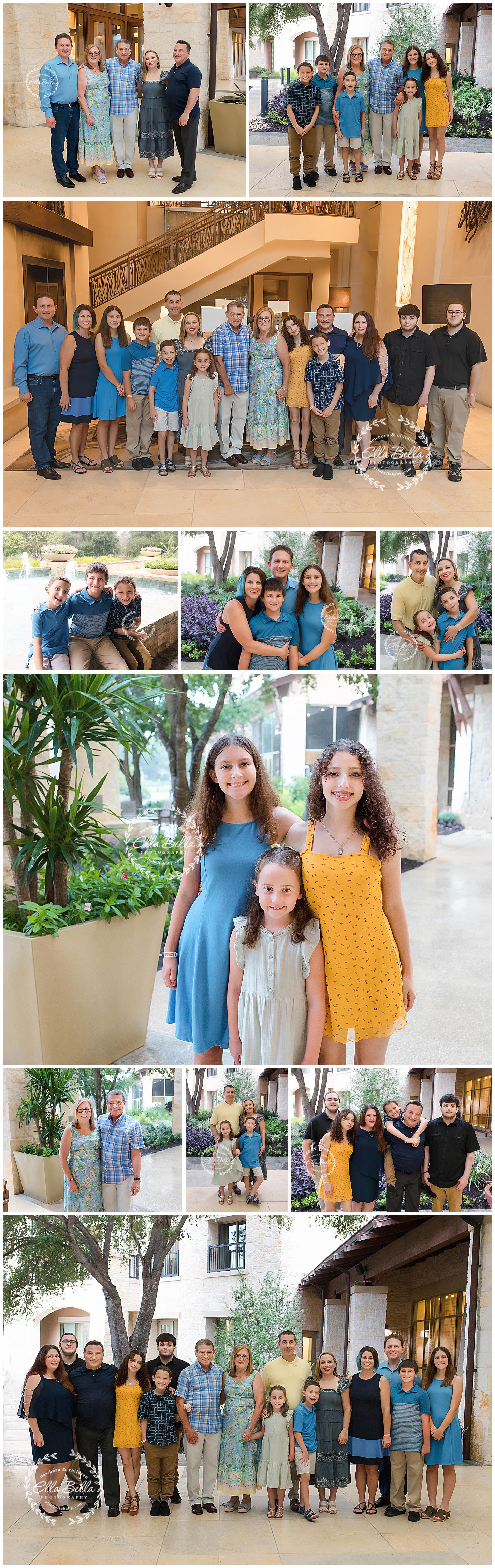 Extended family portrait session in coordinating blue and yellow outfits at Mediterranean-style venue.