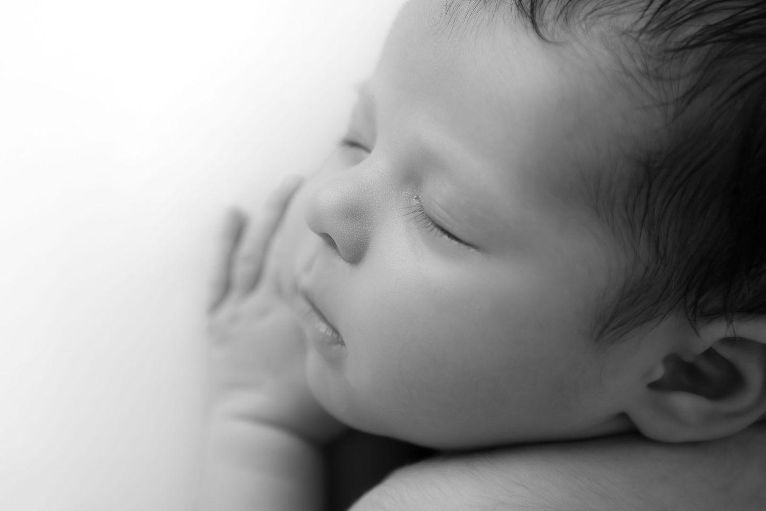 Artistic black and white close-up portrait of sleeping newborn.
