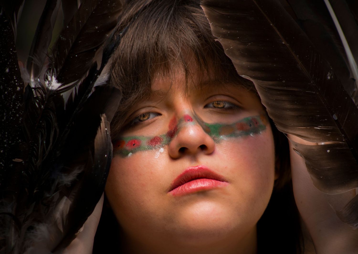 Young child with face paint and feathers in a Native American inspired portrait.