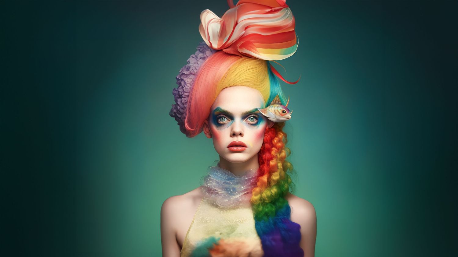 Creative fashion portrait featuring vibrant rainbow colors, elaborate headpiece, and avant-garde makeup against teal background.