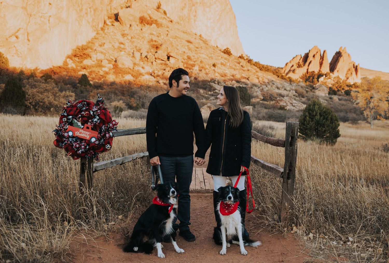 a couple looking at each other fondly with their two dogs at sunrise