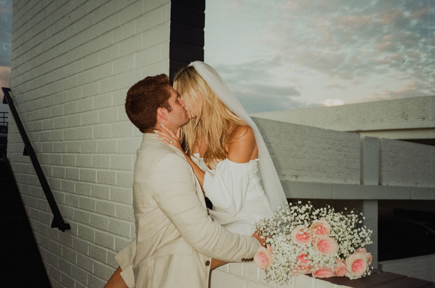 35mm film flash photo of fun bridal themed engagement shoot