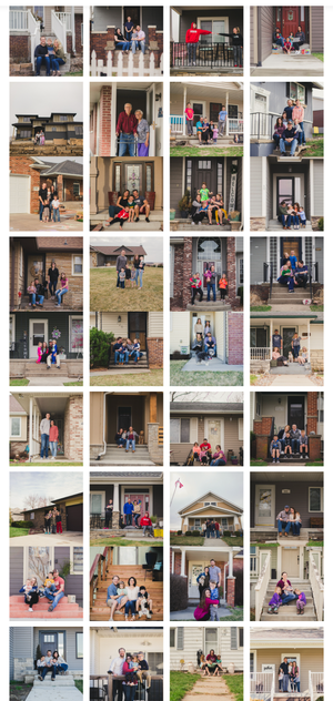 Collection of porch portraits showing families sitting on their front steps and porches.