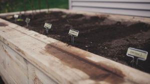 Garden beds and landscaping work shown in progress along the side of a house.