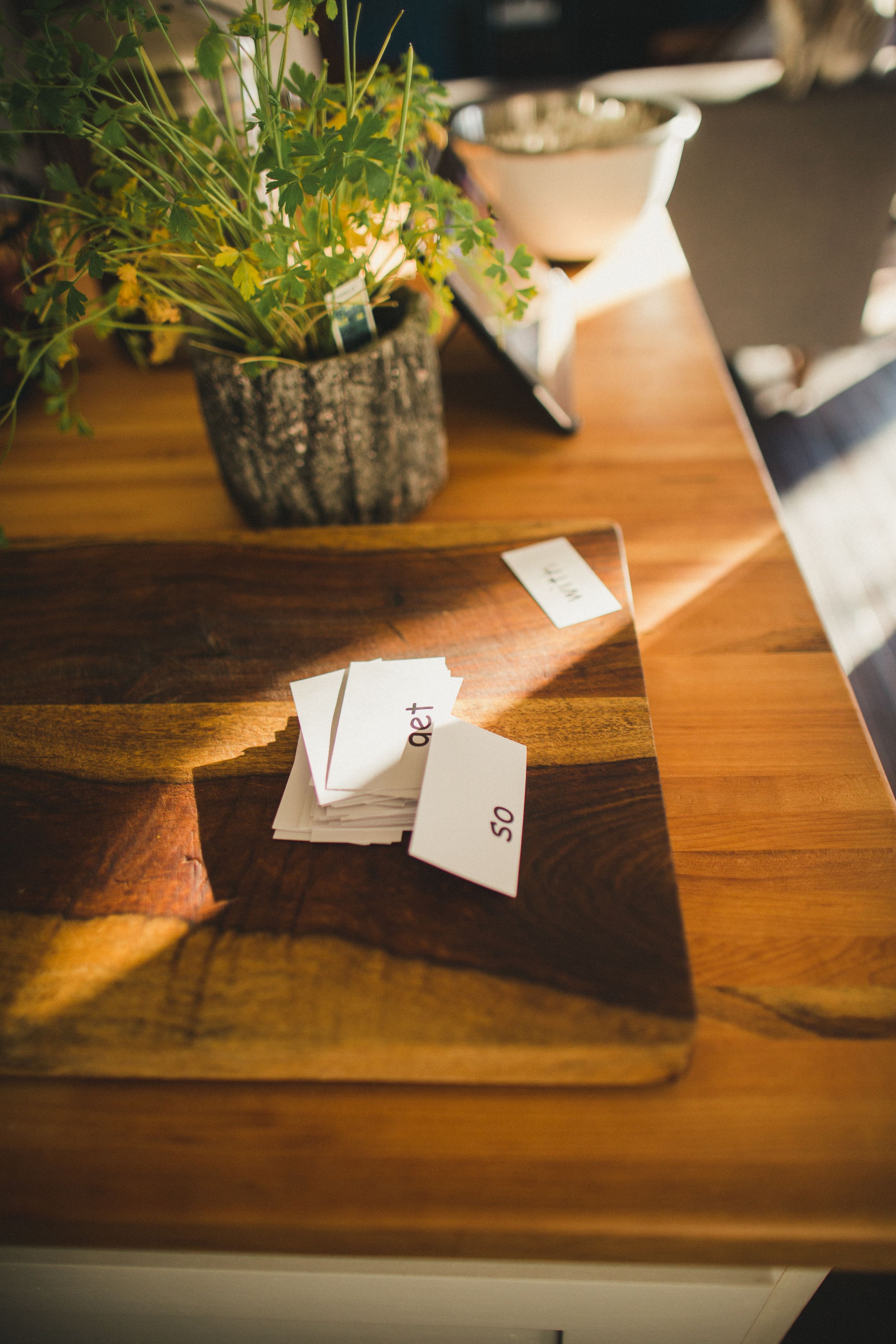 Small paper cards scattered on wooden surface next to potted greenery.