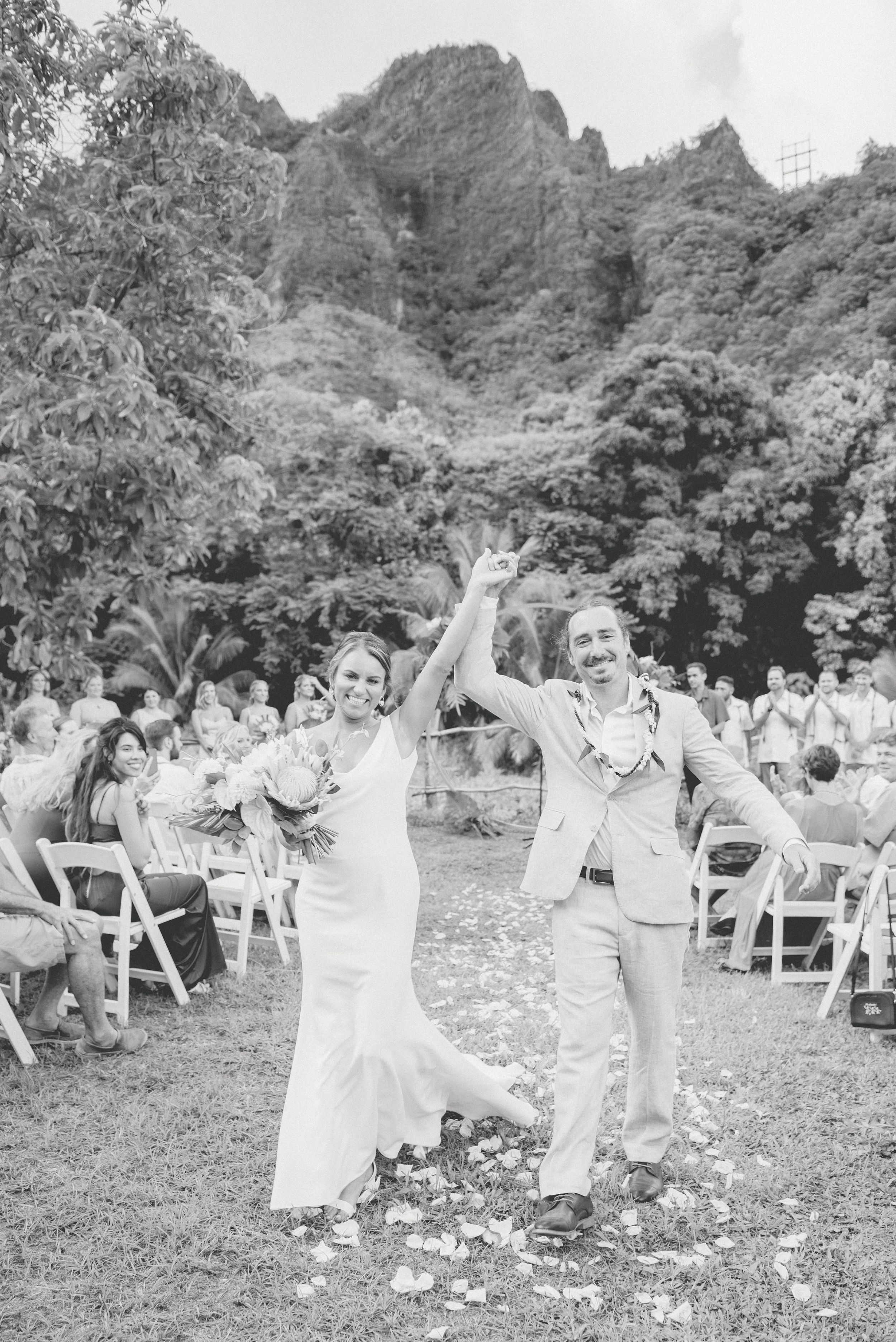 Romantic just married photos of couple in Oahu Hawaii.