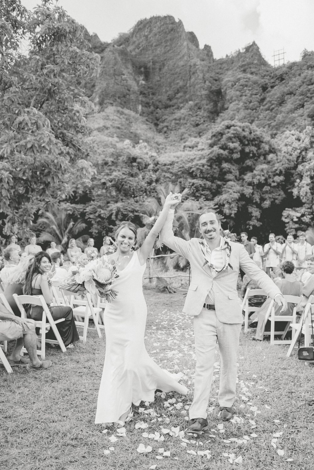 Romantic just married photos of couple in Oahu Hawaii.