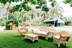 Wedding reception seating area details in Waimanalo, Oahu.