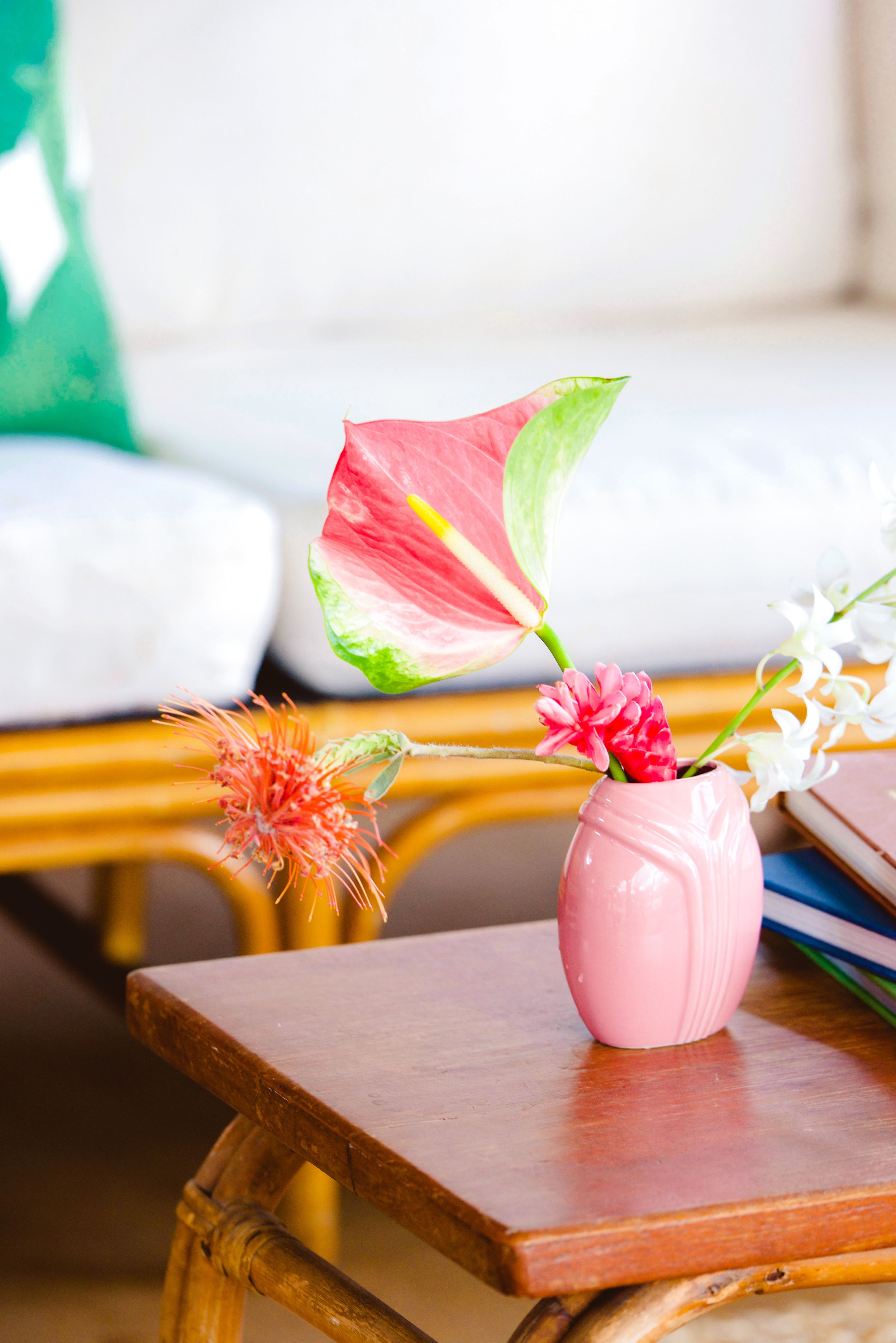 Wedding reception details with tropical flowers in Oahu.