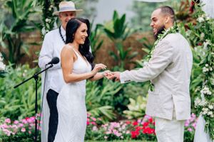 Romantic destination wedding at sunset in Waimanalo Oahu.