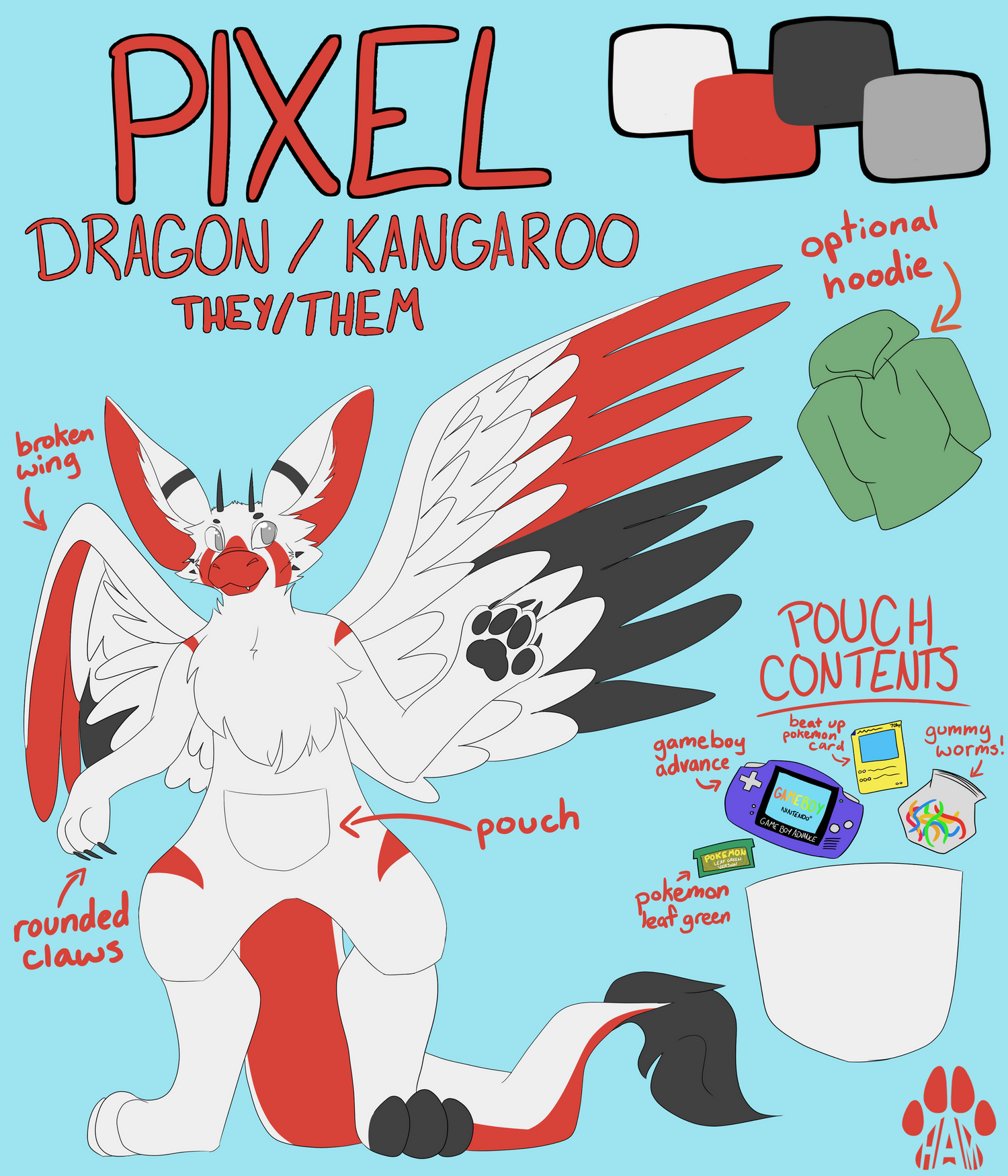 An illustrated character design reference sheet.
