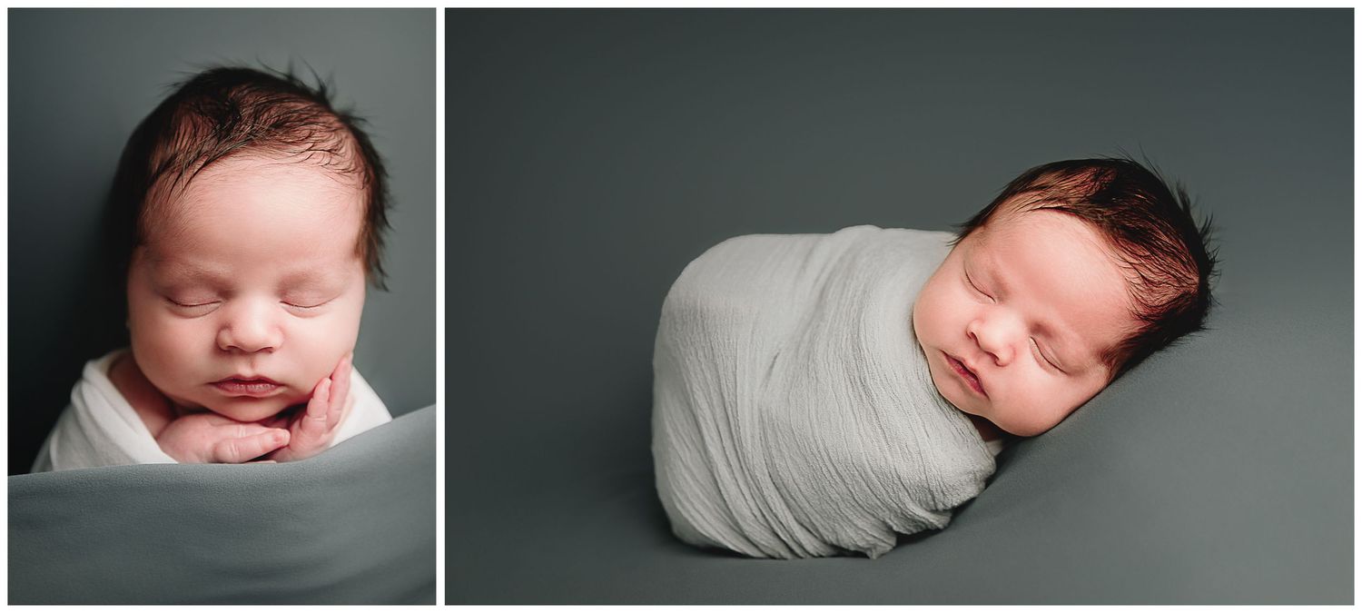 newborn baby sleeping on teal blanket