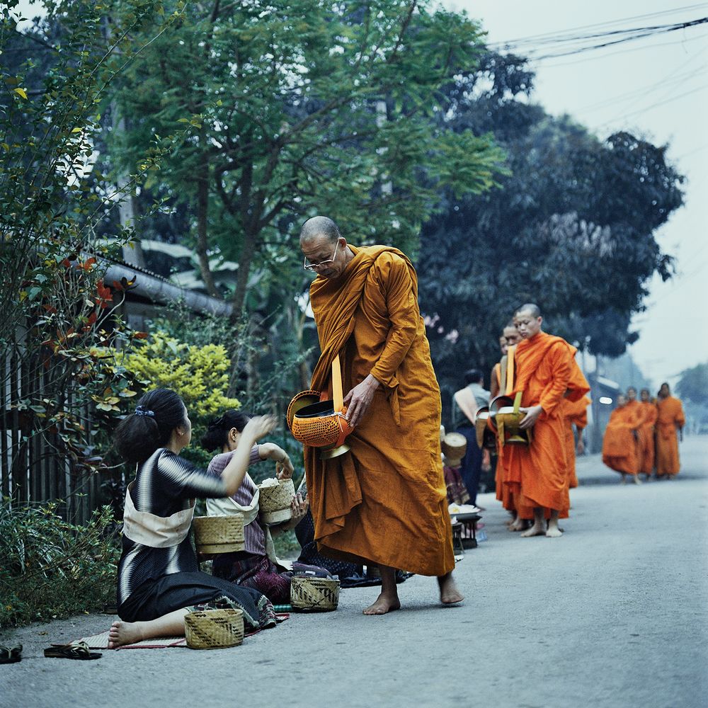 Morning alms, Luang Prabang, Laos 2004 by Adam West using the Bronica SQAi 6x6 and Kodak 160VC film.