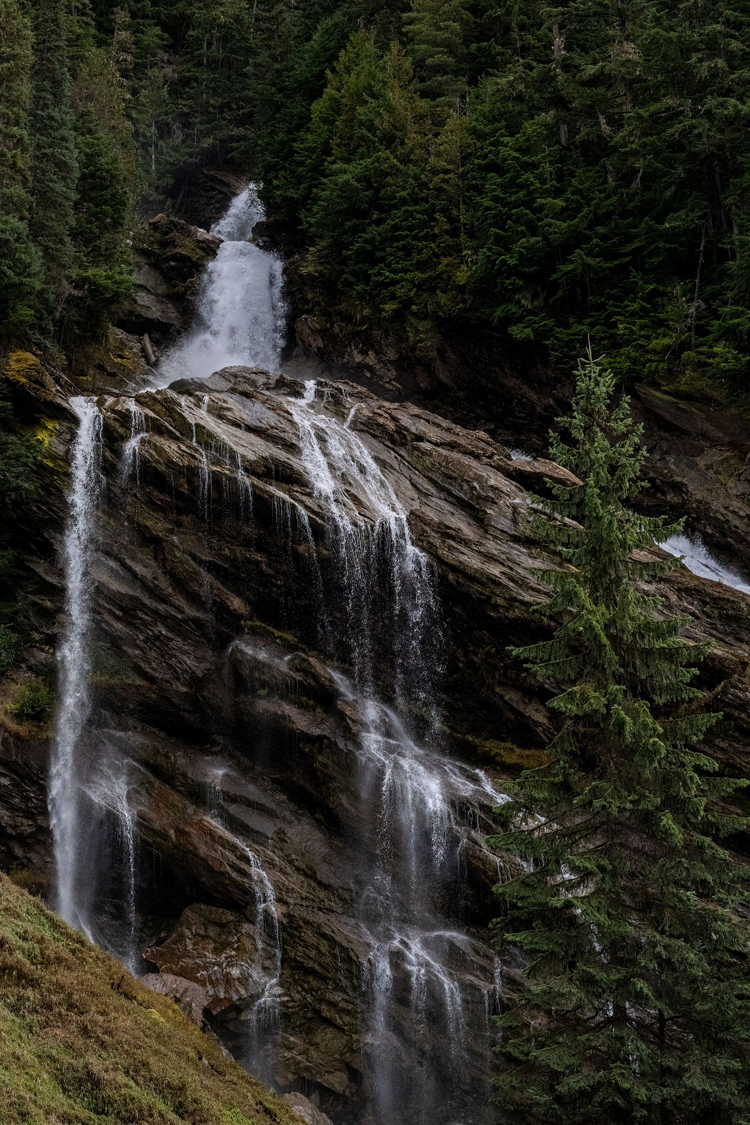 Majestic multi-tiered waterfall cascading down rocky cliff face surrounded by evergreen forest.
