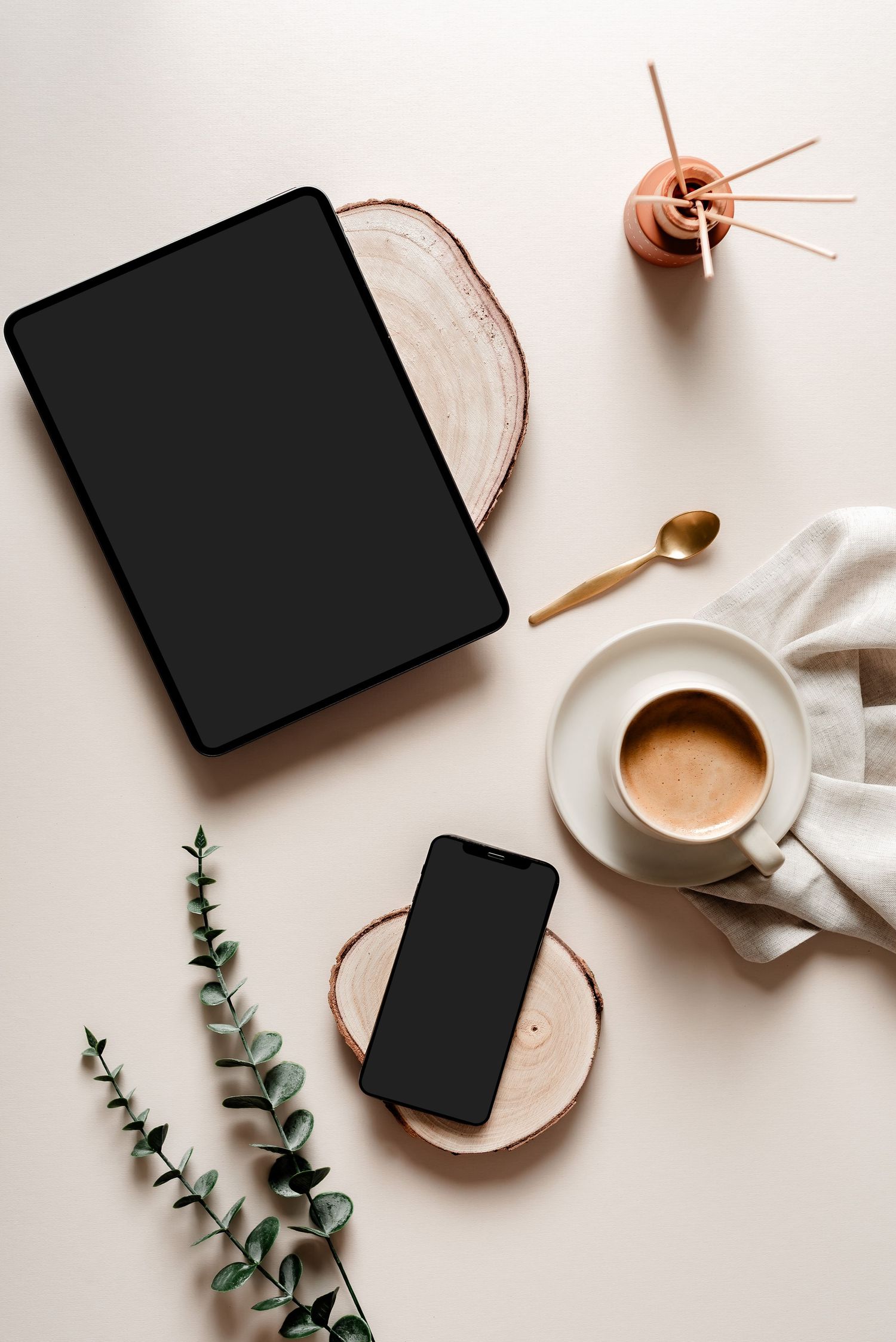 coffee and reed diffusers with tablet and smartphone mock-ups, blogger, online business, stock mock-ups