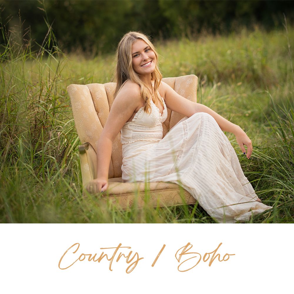 A white dress photo session in a sunny grass field with vintage country style aesthetic.