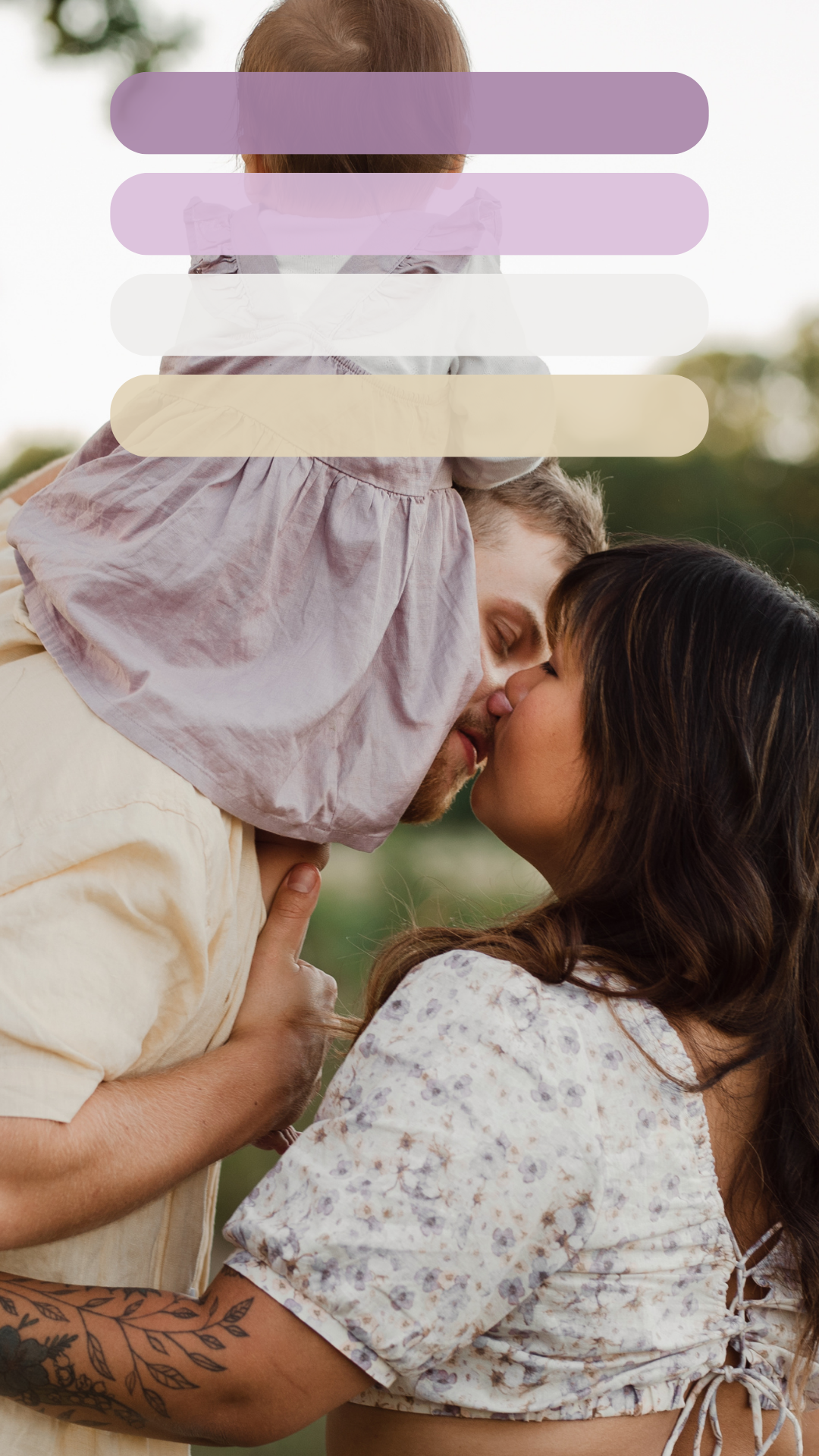 A tender family moment captured with soft lighting in an outdoor setting.