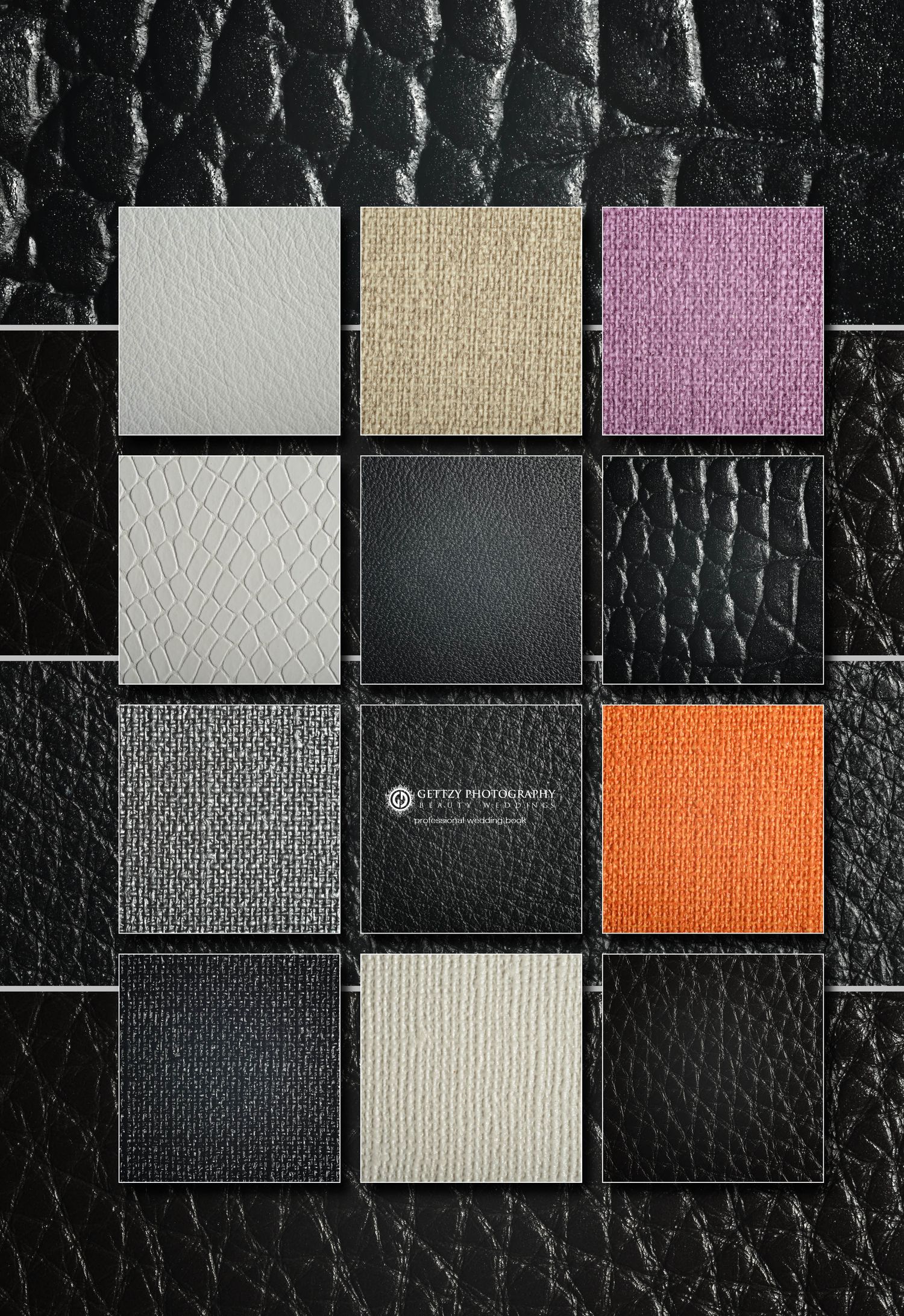 Grid of fabric and leather material swatches in white, tan, purple, black, orange and textured finishes.