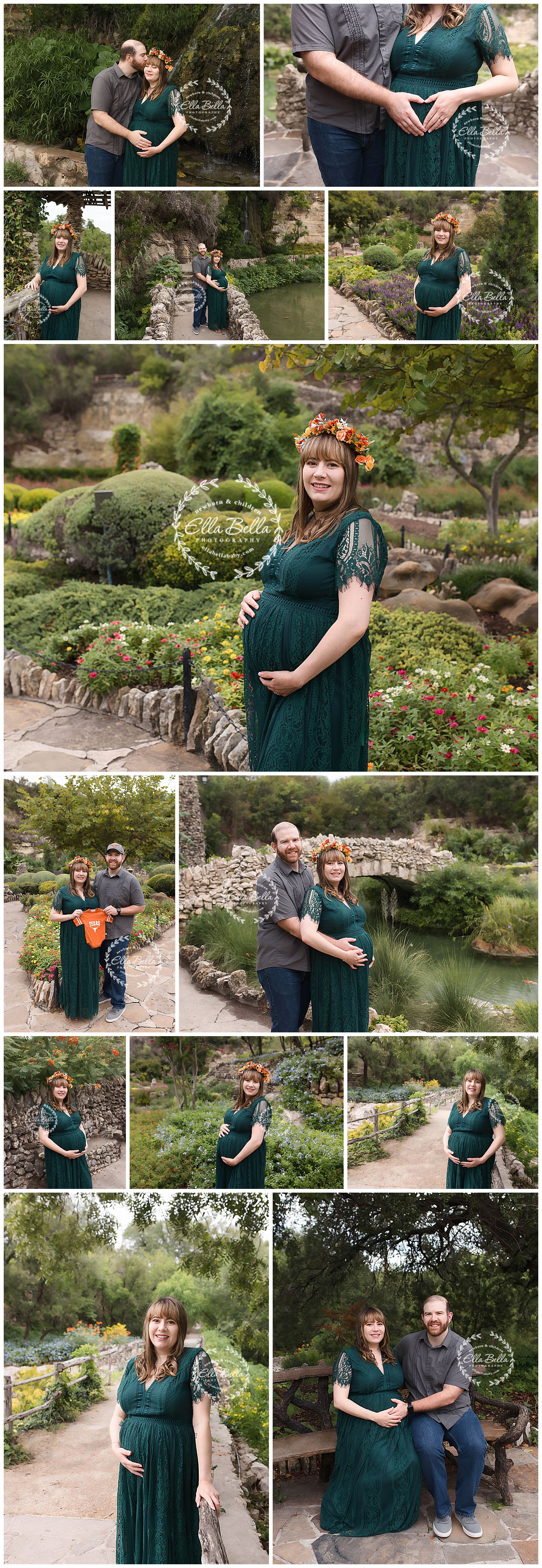 Outdoor maternity photography session in a scenic garden featuring a couple in casual attire.