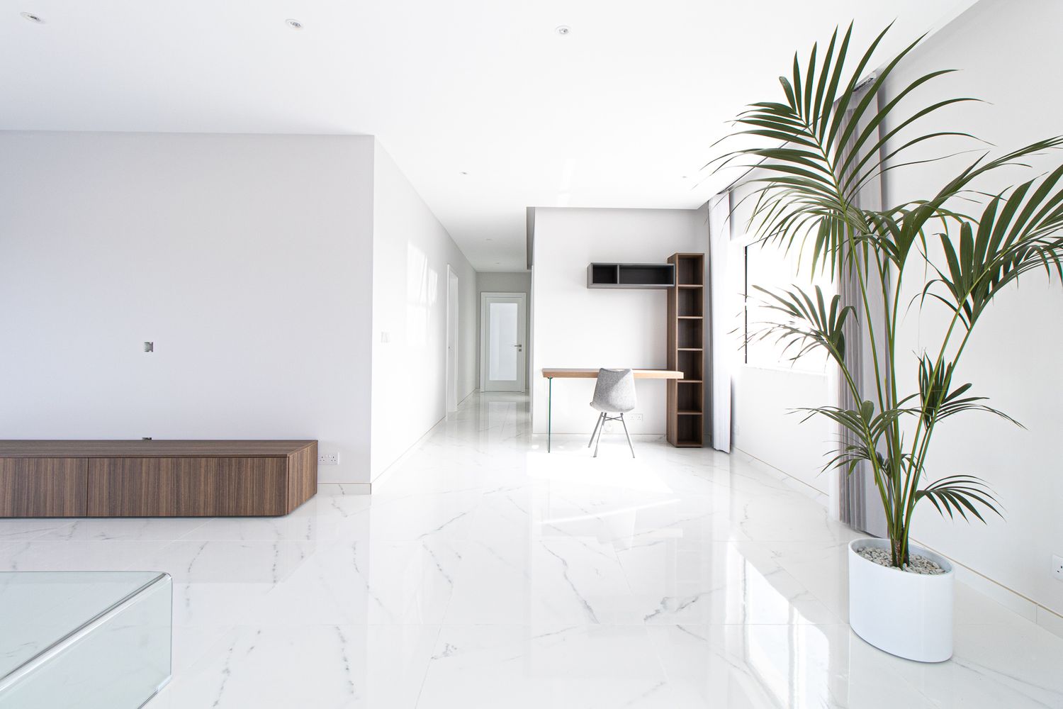 Minimalist white open-plan interior with marble floors, wooden sideboard, and tropical plant.