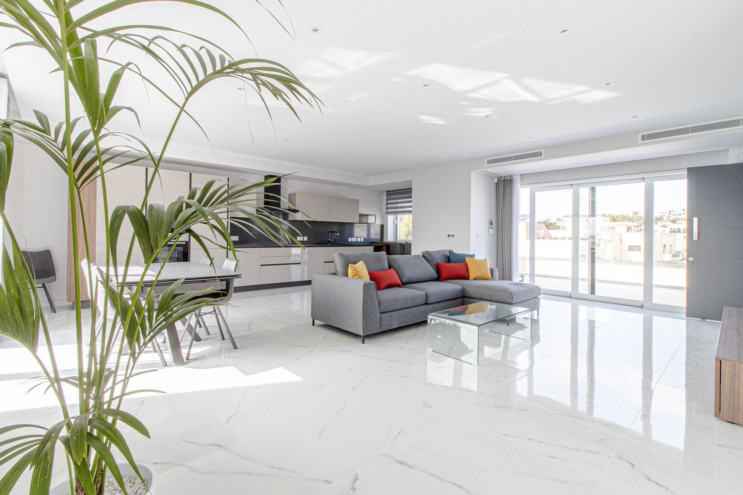 Contemporary open-plan living space with grey sofa, marble floors, kitchen, and tropical plant.