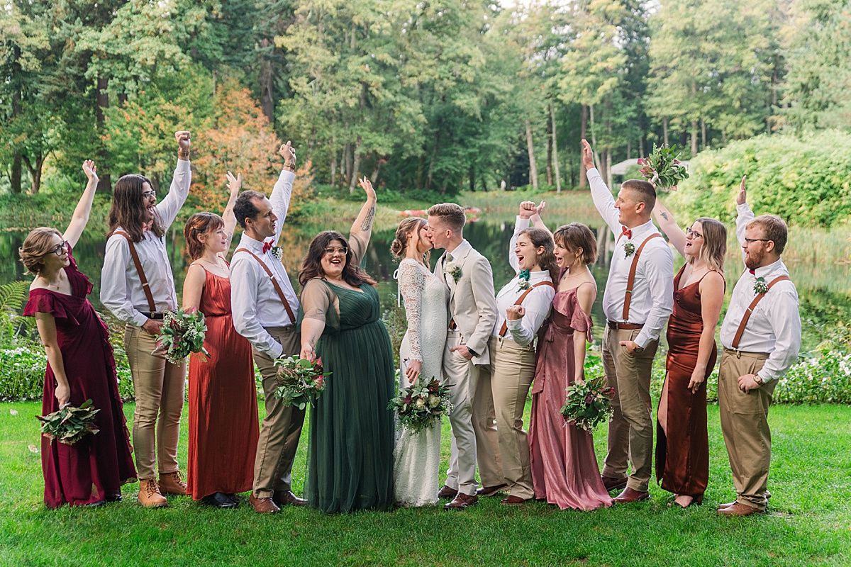 Wedding party celebrates with bride and groom at Bridal Veil Lakes Oregon