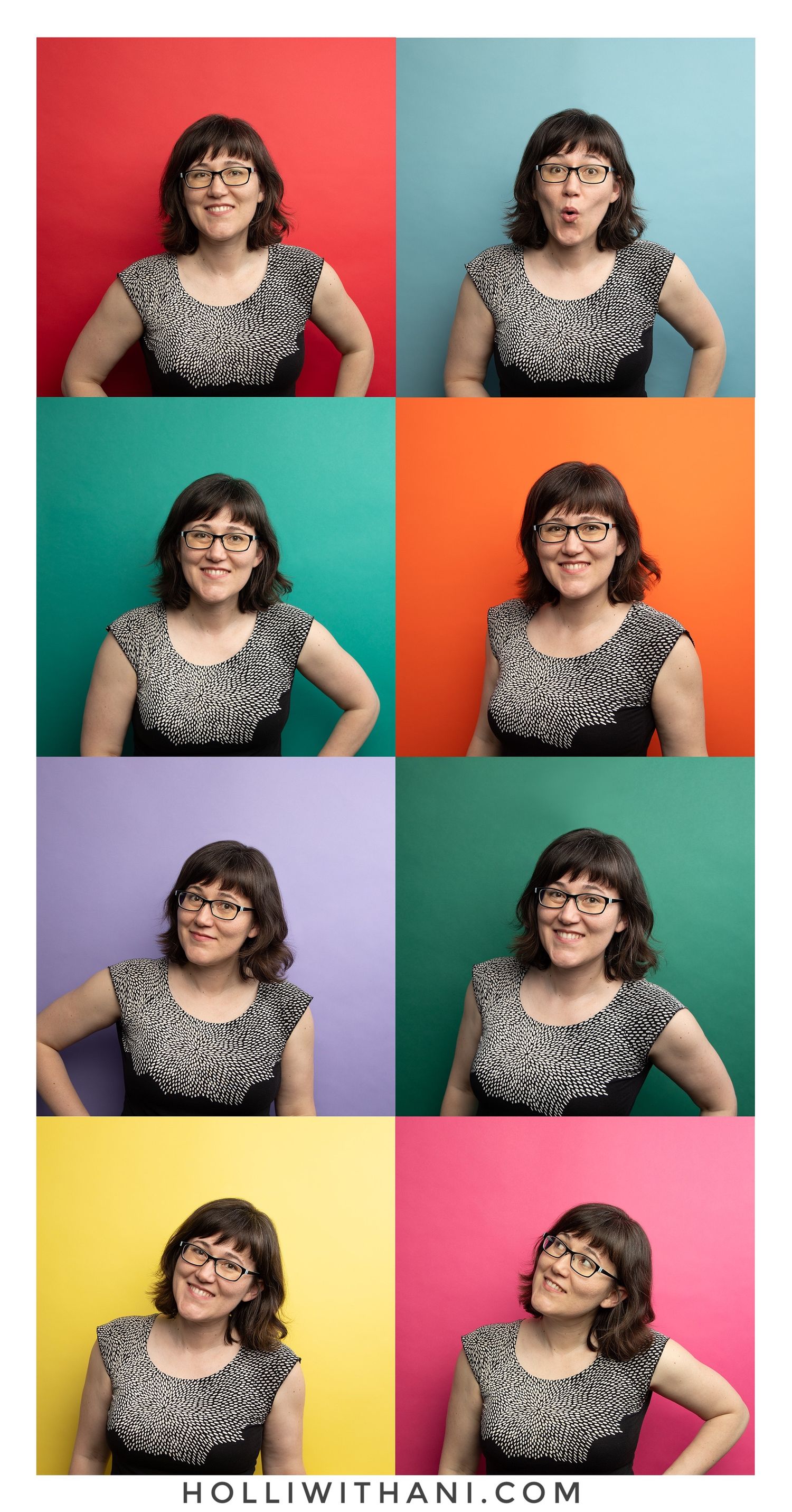Portraits of Holli on colorful backgrounds cropped square with 8 colors.