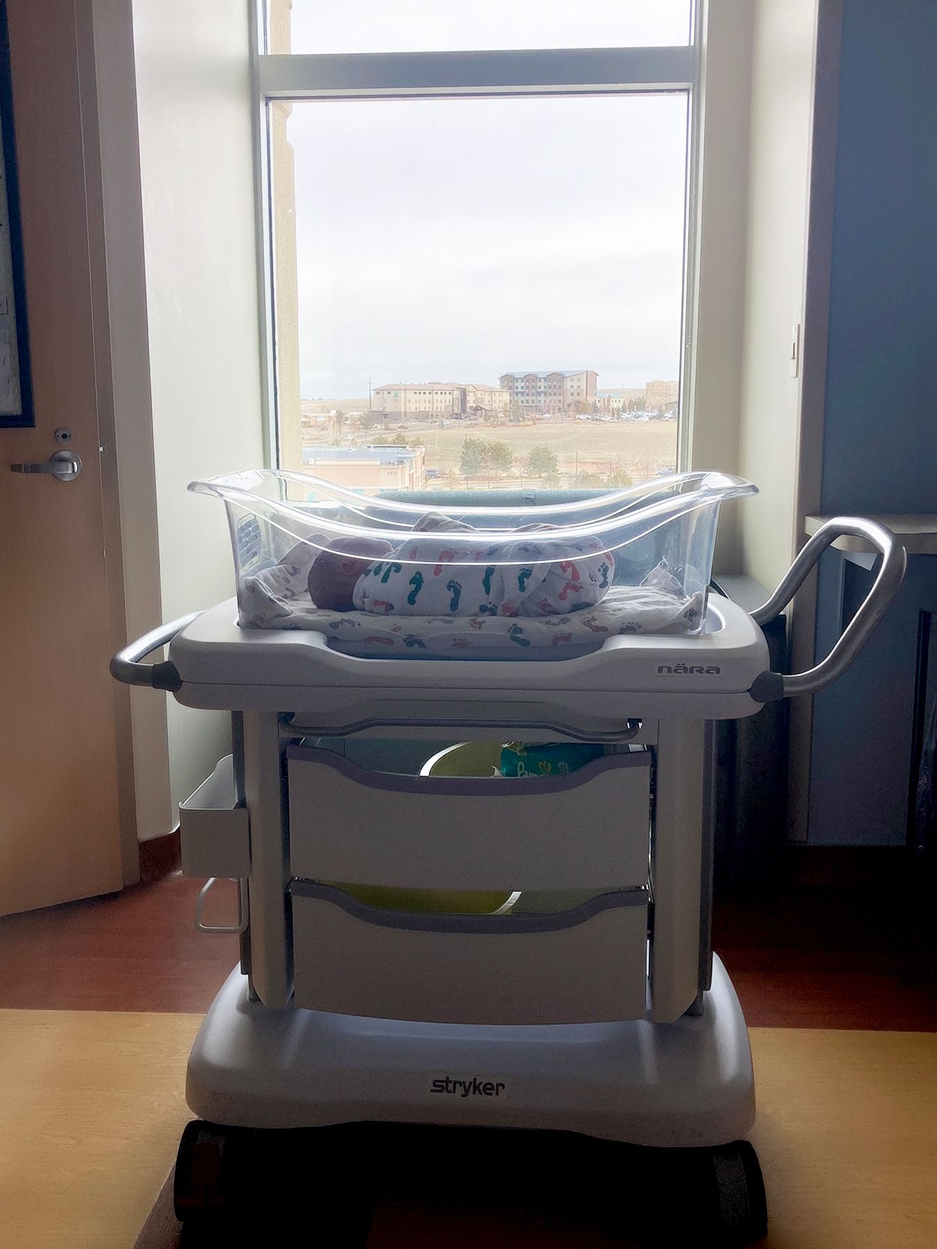 newborn in hospital crib in front of hospital window in parker adventist in colorado