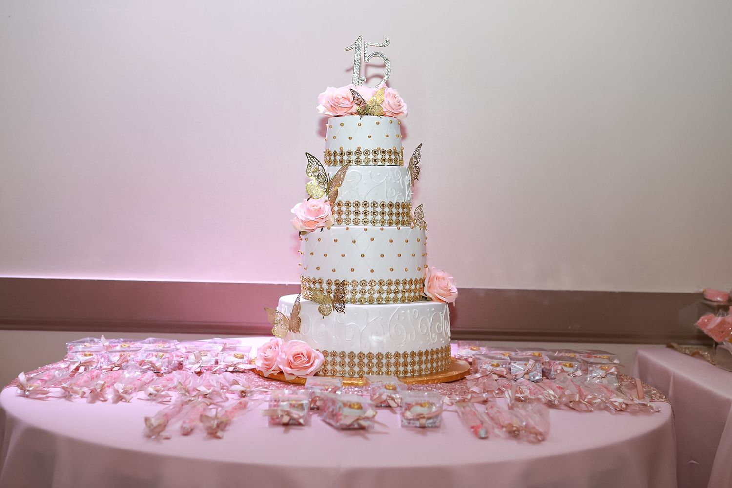 Quinceanera pink and gold cake