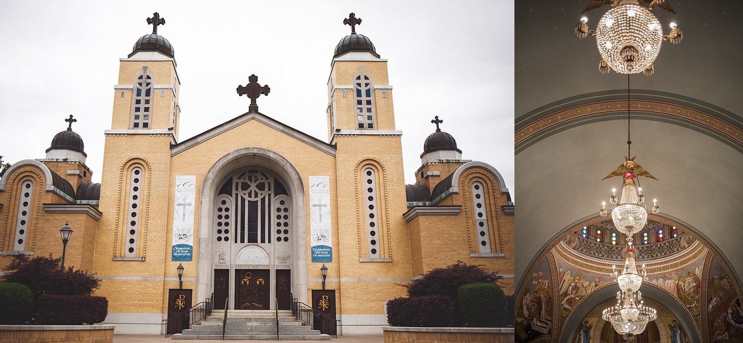Exterior and interior views of a traditional church with twin towers and ornate crystal chandeliers.