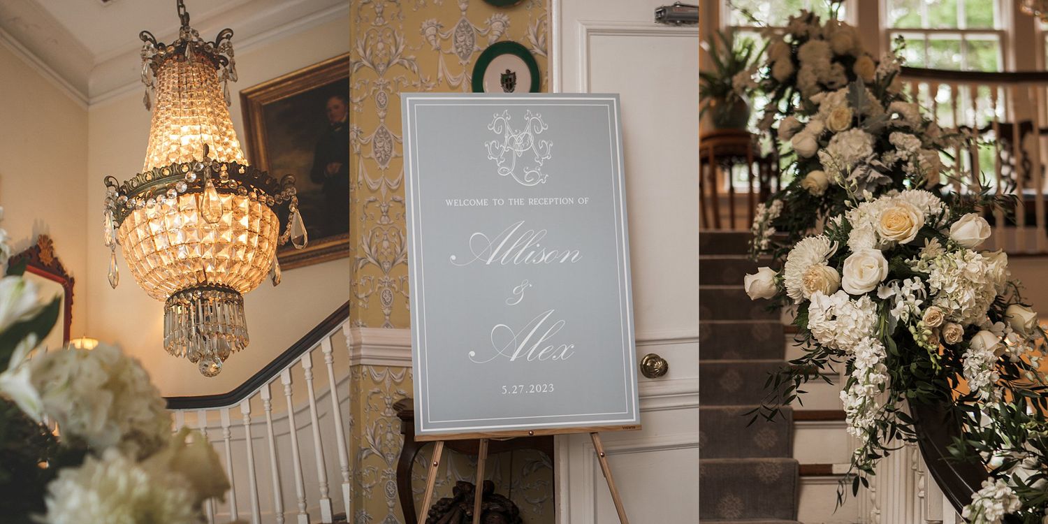 Wedding reception details showing crystal chandelier, signage and floral arrangements in elegant setting.