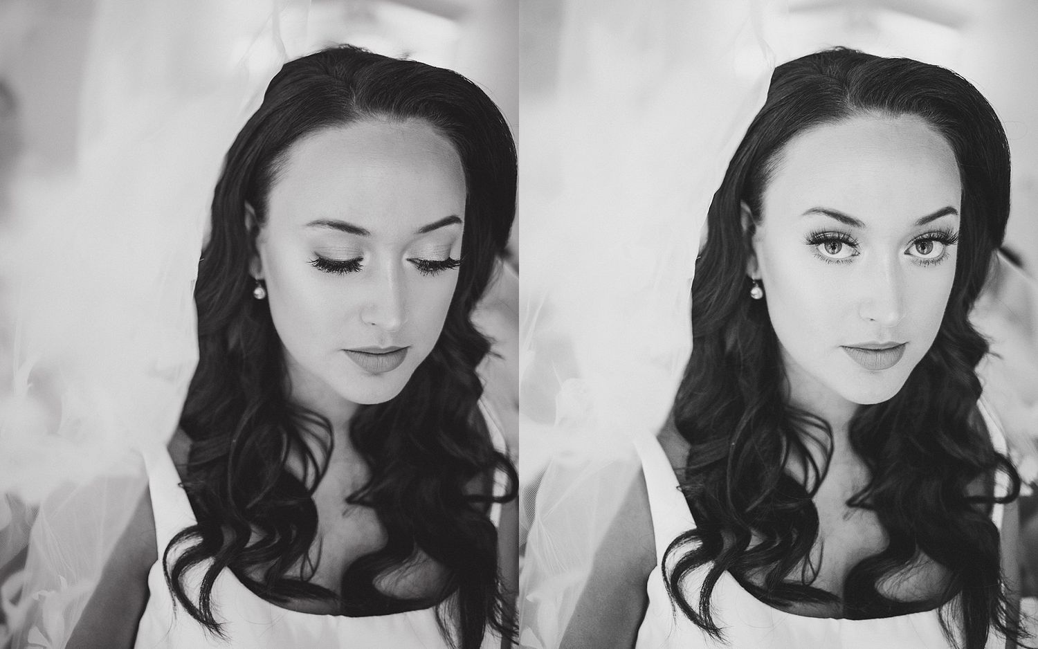 Black and white portrait diptych showing contrasting expressions with dark wavy hair and natural makeup.