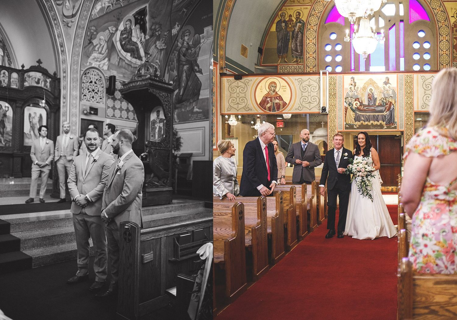 Split view comparing black and white and color photos of a wedding ceremony in an ornate church.