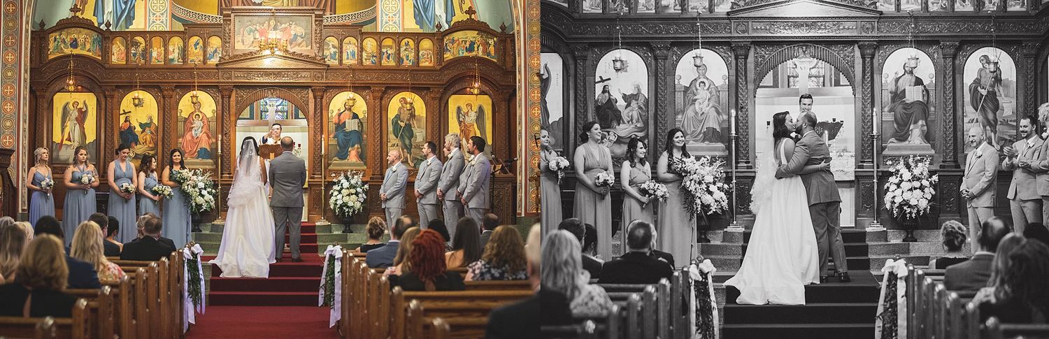 Wedding ceremony photographed in both color and black and white in an Orthodox church setting.