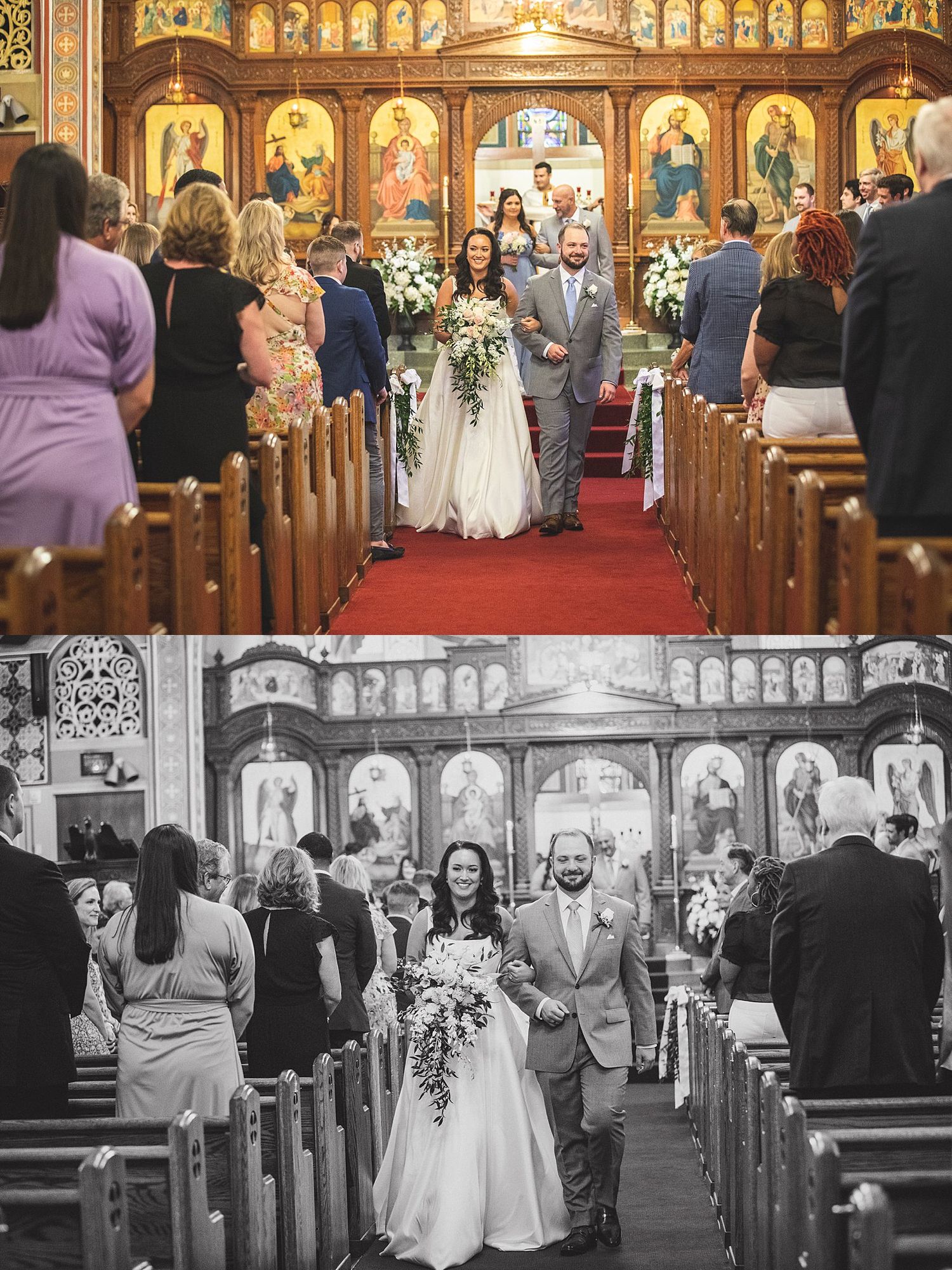 Wedding ceremony in traditional church with ornate altar and guests seated in wooden pews.