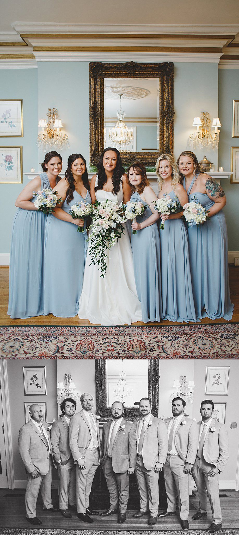 Wedding party poses indoors with bridesmaids in light blue dresses and groomsmen in gray suits.