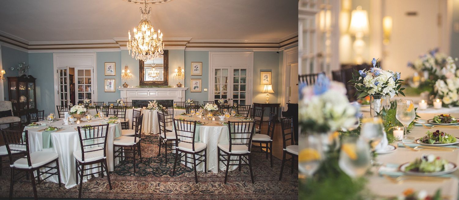 Elegant ballroom wedding reception setup with crystal chandeliers and formal dining tables.