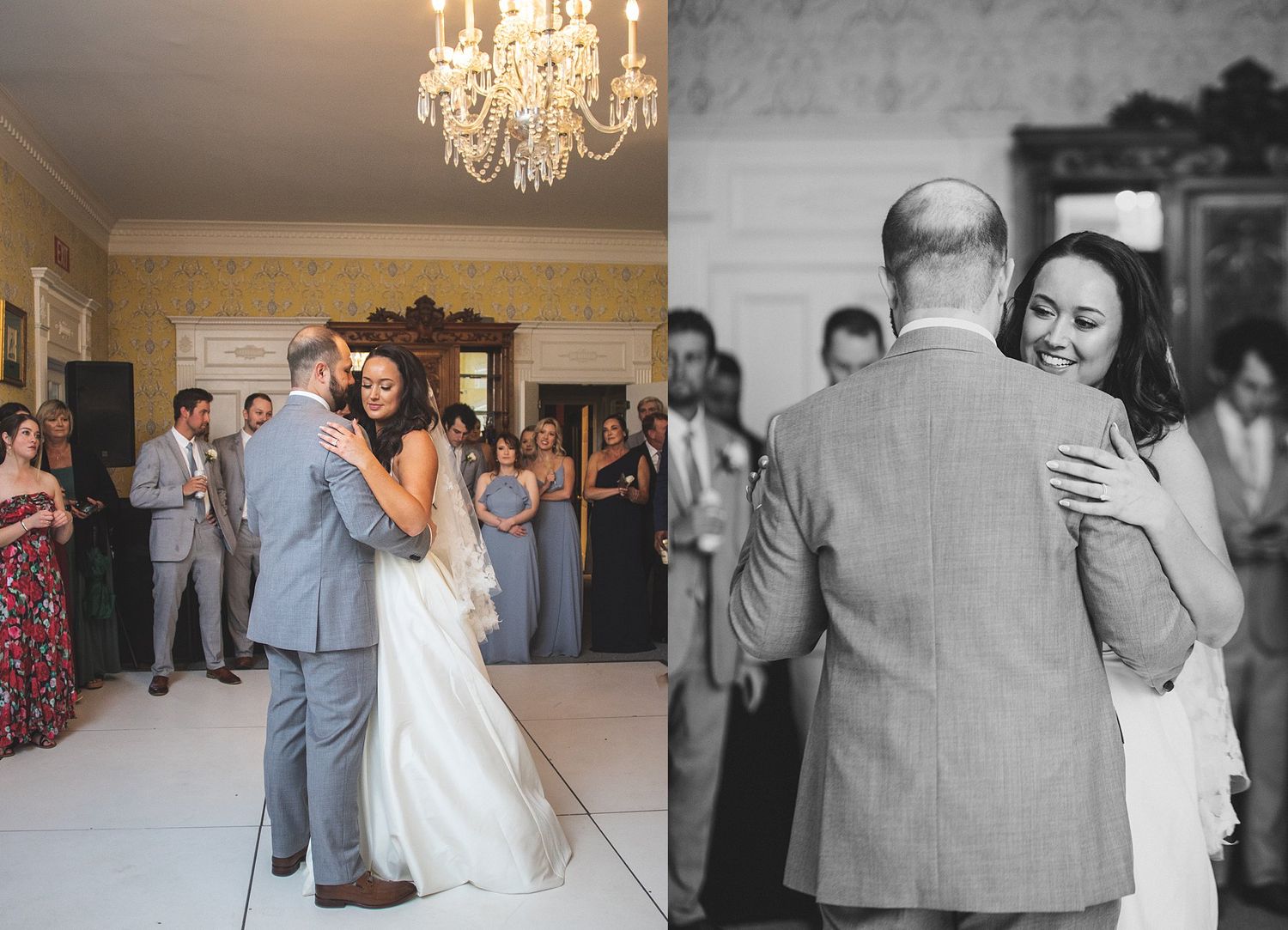 Candid moments from an elegant indoor wedding celebration.