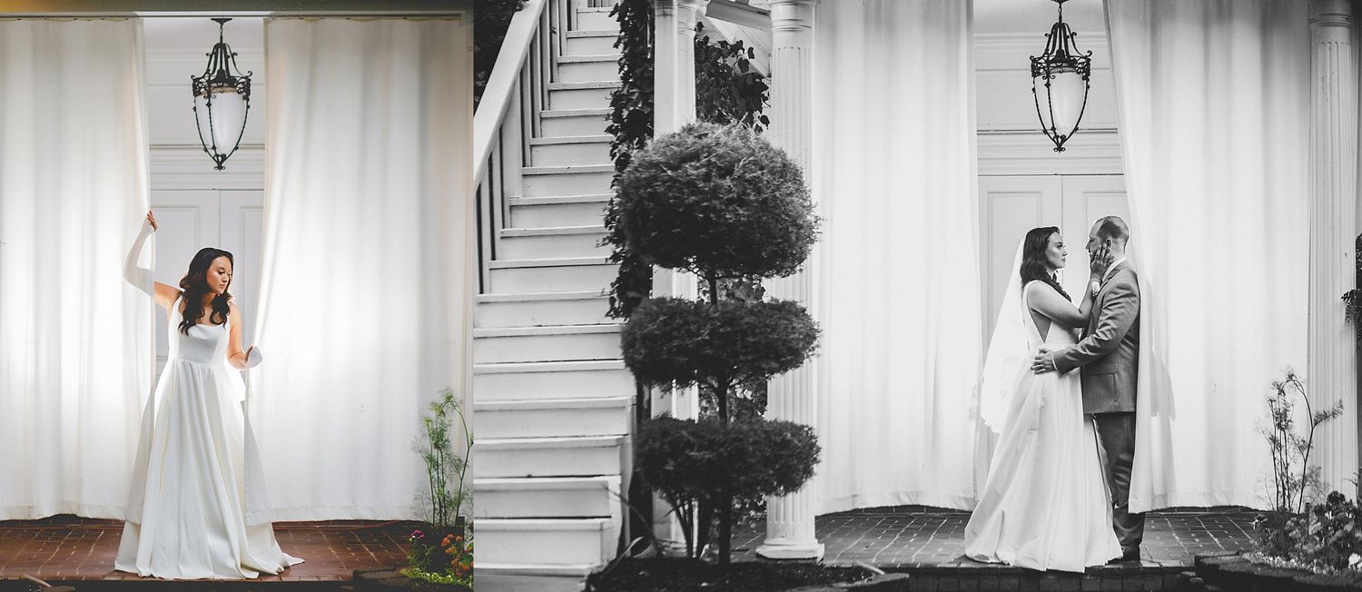 Romantic outdoor wedding portraits taken on classic white porch steps.