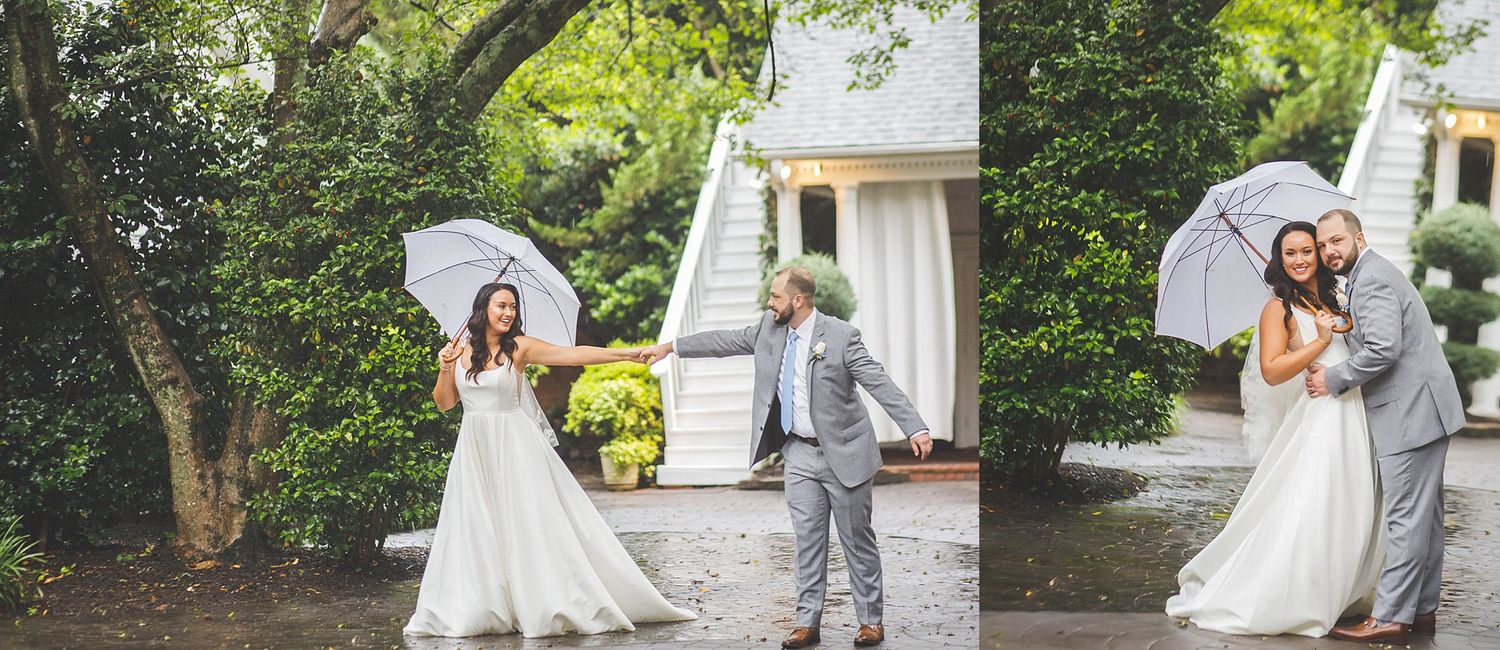 Outdoor wedding portraits captured in lush garden setting with natural greenery.