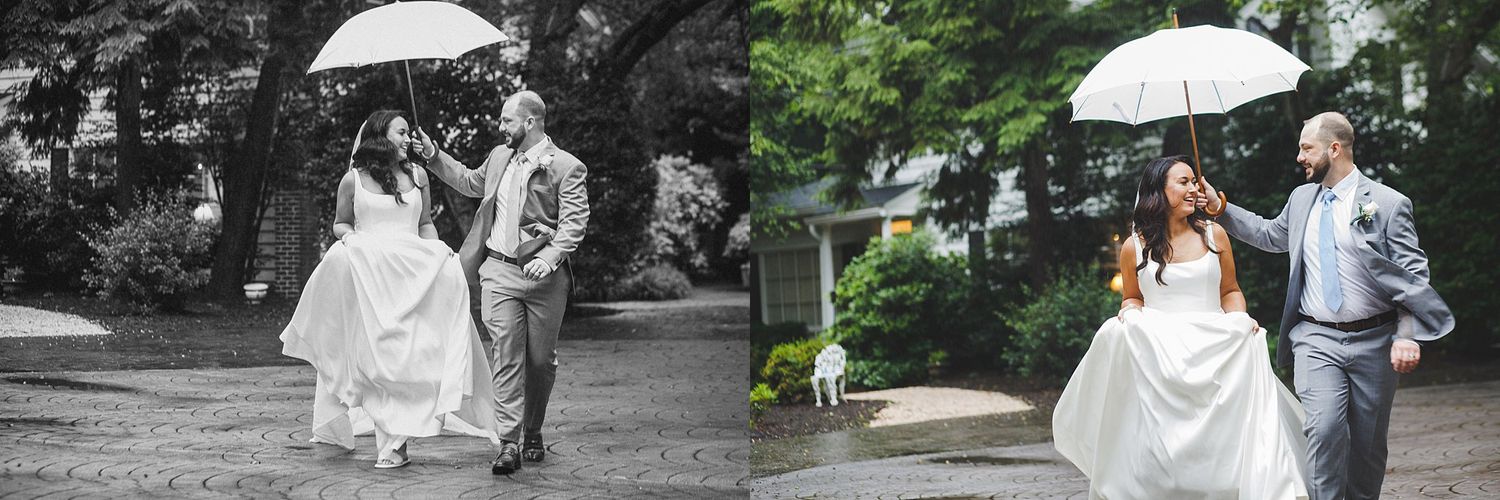 Side by side wedding photos showing same scene in black and white and color with umbrella.