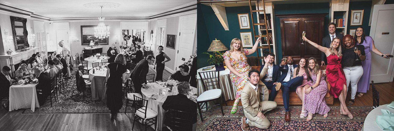 Split image showing wedding reception guests dancing in both black and white and color photography.