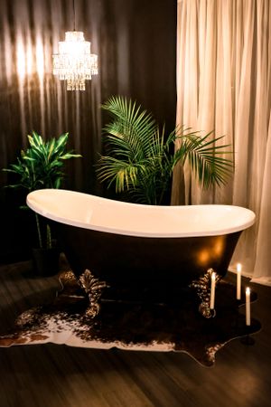 Luxurious clawfoot bathtub with crystal chandelier and tropical plants in moody lighting.