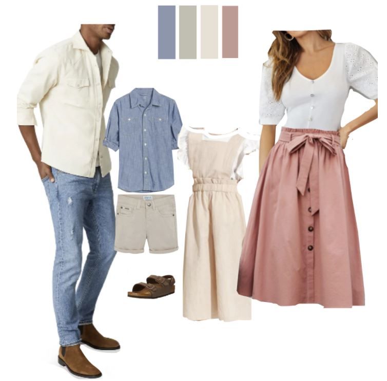 Fashion mood board showing coordinated casual outfits with denim, button-downs and feminine skirts.