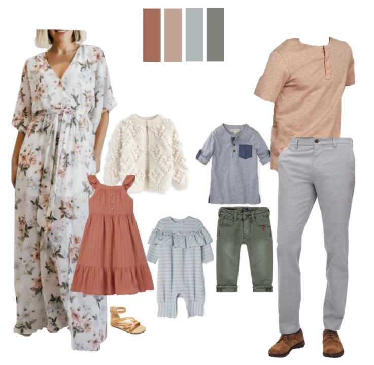 Family photo outfit guide showing coordinated casual wear in grey, white and coral tones.