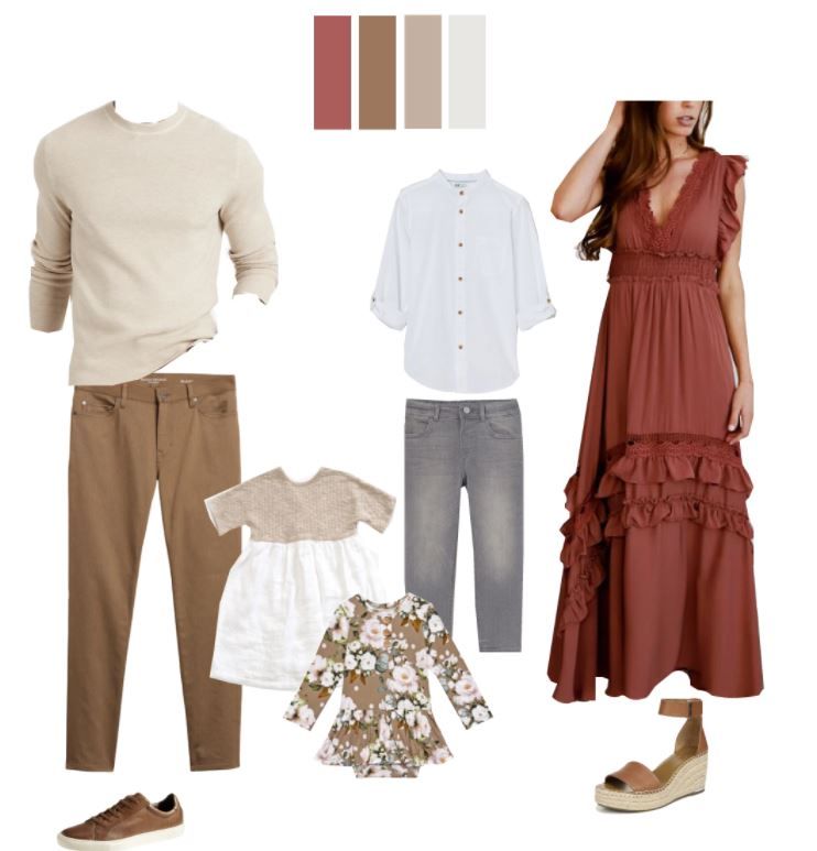 Family outfit coordination guide featuring neutral tones and rust colored dress with suggested clothing pieces.