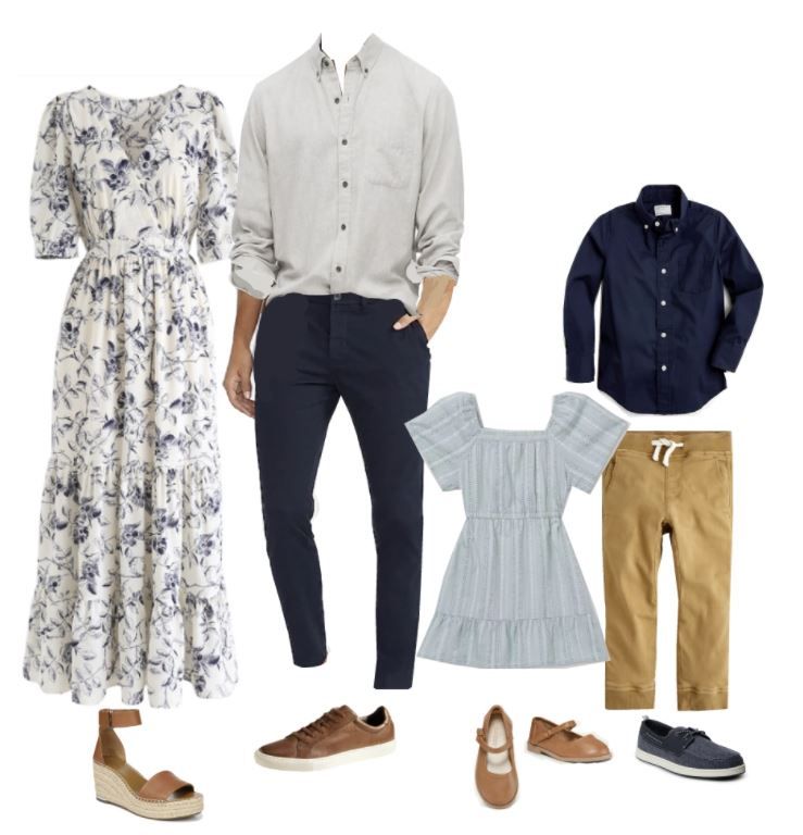 Coordinated family photo outfit inspiration with floral dress, button-downs, and casual shoes in navy and neutral tones.