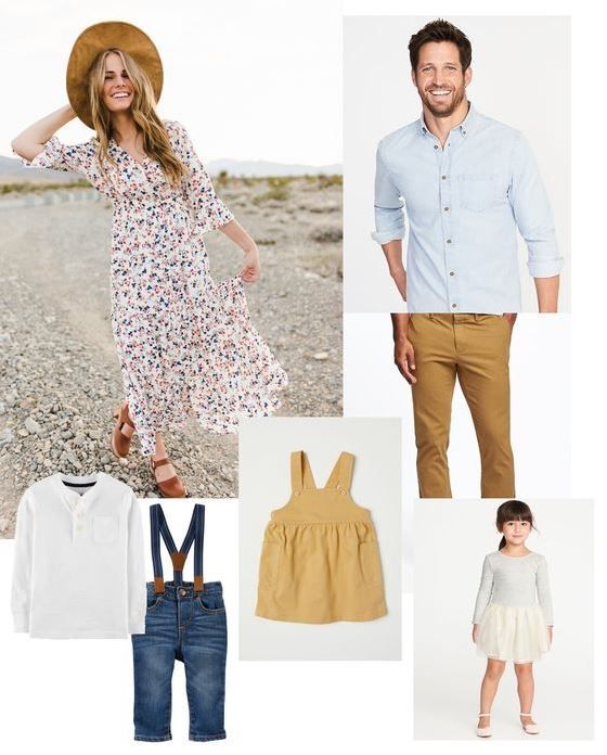 Spring family photo outfit inspiration with floral dresses, khaki pants and coordinated casual wear.